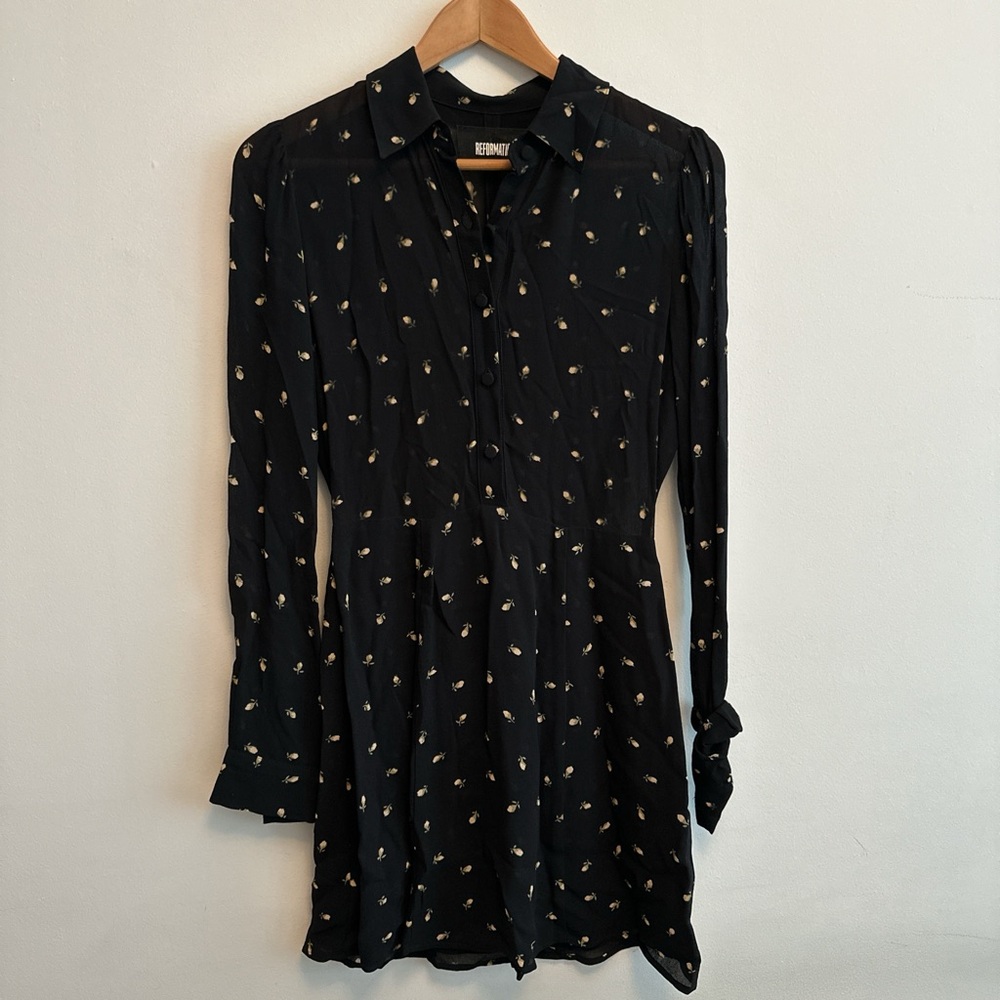 Reformation Collared Black Dress with Floral Accents